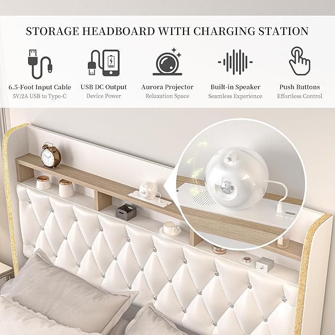 King LED Bed Frame with 2 Storage Drawers, PU Upholstered Platform Beds with Galaxy Star Projector Charging Station Speaker, Aurora Bedframe with 2-Tier Storage Headboard, Noise-Free, White