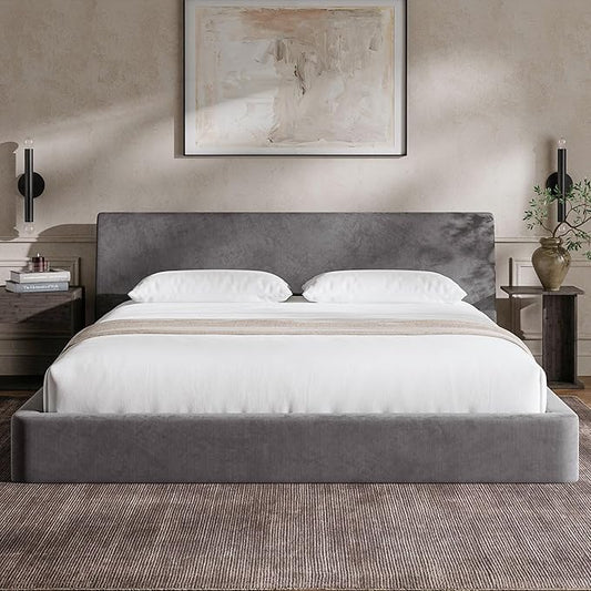 RECCI Cloud King Size Bed Frame with Ergonomic Angled Foam Cushioned Headboard, Minimalist Design Platform Bed Frame, No Box Spring Needed, Easy Assembly (Moon Grey)