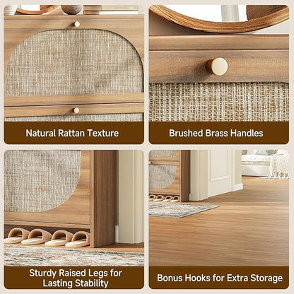 Nicetree Rattan Arched Accent Shoe Storage Cabinet - Freestanding Ultra Slim for Entryway, 2 Flip Drawers & 3-Tier Adjustable Shelves, Farmhouse Modern Rustic Shoe Rack for Hallway, Foyer, Living Room