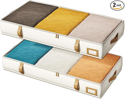 Vailando Under Bed Storage Containers, 6 Inches Tall 60L Underbed Storage Bins with Leather Handles and Sidewalls, Closet Organizer for Clothes, Blankets, Seasonal Items, Beige with Brown, 2-Pack