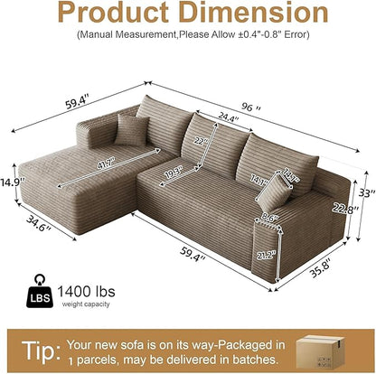 96" Sectional Couches for Living Room Modern Modular Sofa with L-Shape Couchs Upholstered Boneless Couch Deep Seat Sectional Couch with Chaise (Camel, 96" Left Facing Chaise+2Seaters)