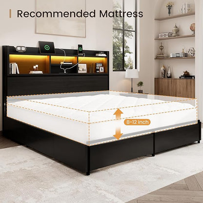 Queen Storage Bed Frame with 6 Drawers, USB Charging Station, No Noise, No Box Spring Required, Vintage Black Headboard Platform Bed