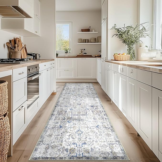 jinchan Kalen Runner Rug 3x7 Washable Hallway Rug Vintage Indoor Thin Retro Floor Cover Distressed Floral Country Lightweight Non Slip Carpet for Entryway Bathroom Bedroom Living Room Stairway Blue