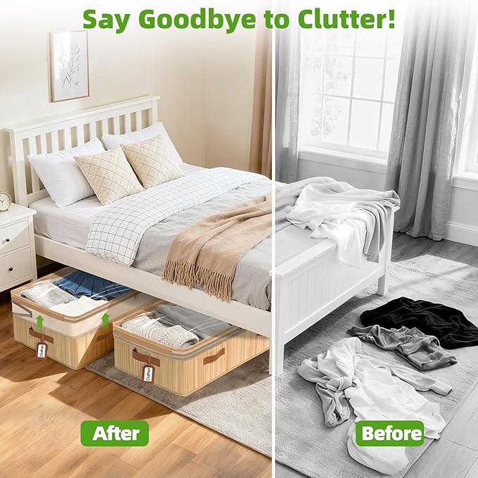Livole 2 Pack Bamboo Under Bed Storage, 6-10 inches Height Adjustable Underbed Storage Containers, 92L XXXL Large Under Bed Storage Bins with Clear Lid & Label for Clothes, Blankets, Sweater, Shoes