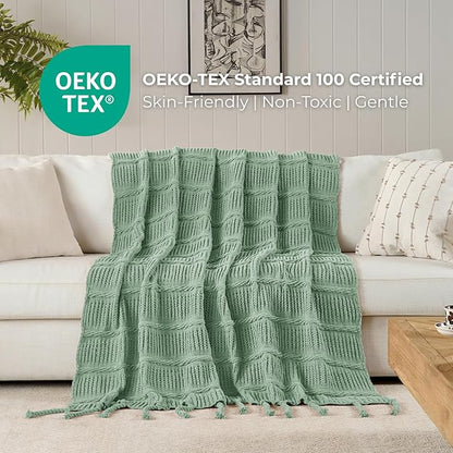 Boho Knitted Chenille Blanket with Tassels - Lightweight & Soft All-Season Throw - 3D Classic Pattern for Living Room Bedroom Couch, Sage Green, Throw 50"x60"