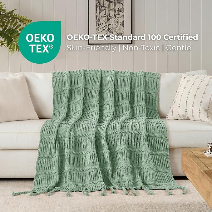 Boho Knitted Chenille Blanket with Tassels - Lightweight & Soft All-Season Throw - 3D Classic Pattern for Living Room Bedroom Couch, Sage Green, King 90"x108"