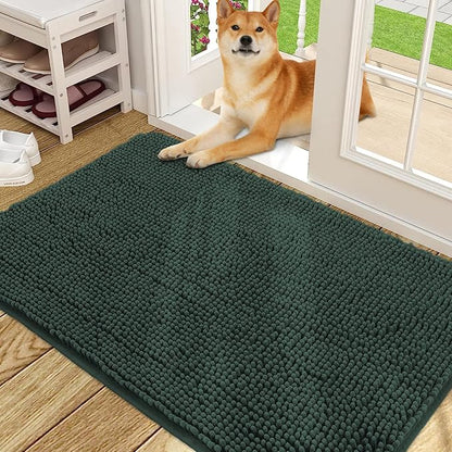 OLANLY Dog Door Mat for Muddy Paws 48x30, Absorbs Moisture and Dirt, Absorbent Non-Slip Washable Doormat, Quick Dry Chenille Mud Mat, Entry Indoor Entryway Carpet for Inside Floor, Blackish Green