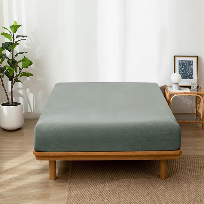MooMee Fitted Bottom Sheet Only 100% Washed Cotton Linen Like Textured Breathable Durable Soft Comfy Deep Pocket Fits Mattress up to 17" (Heathered Green, Queen)