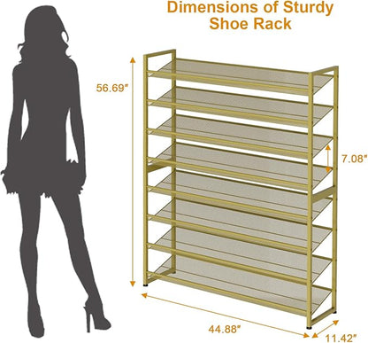 Large Shoe Rack 8 Tier Shoe Organizer, Heavy Duty Metal 4-Tier Stackable Shoe Storage Vertical Shoe Rack for Closet Front Door Entrance, Up to 50 Pairs, 44.8" W x 11.4" D x 56.7" H, Gold