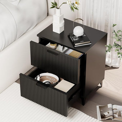 Royal Windsor Small Fluted Nightstand Set of 2 with 2 Drawers, Side End Table, Small Accent Storage Cabinet, Modern Night Stand Bedside Table for Bedroom Full Size Bed, Black