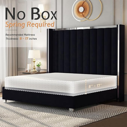 Jocisland Queen Size Bed Frame with 58" Tall Headboard, Velvet Upholstered Platform Bed with Channel Tufted Wingback Headboard and Plating Trim, No Box Spring Needed, Black