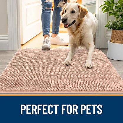 OLANLY Dog Door Mat for Muddy Paws 47x24, Absorbs Moisture and Dirt, Absorbent Non-Slip Washable Doormat, Quick Dry Chenille Mud Mat for Dogs, Entry Indoor Entryway Carpet for Inside Floor, Peach