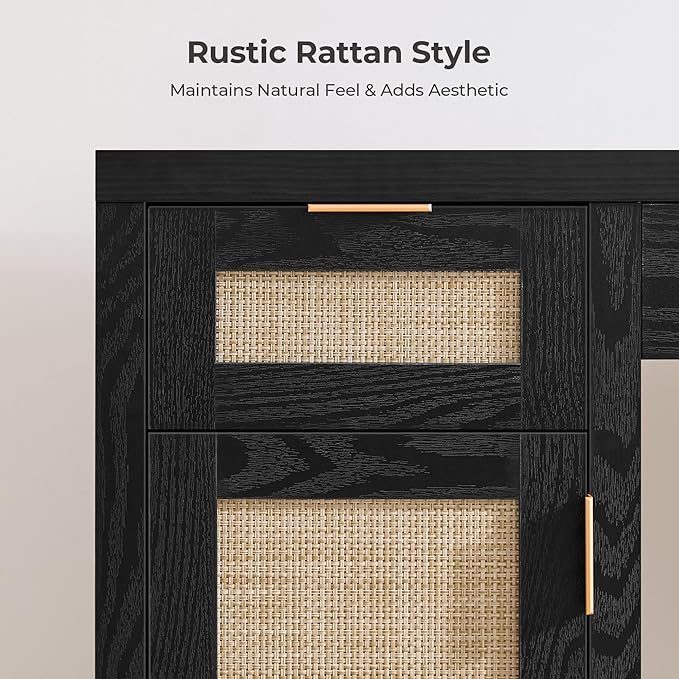 SICOTAS 2 Pieces Rattan Vanity Home Office Desk - Big Boho Makeup Vanities Benches with Drawers & Storage Cabinets, Dressing Vanity Table for Makeup Room, Bedroom, Home Office, Black Oak