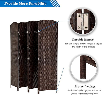 VINGLI 6-Panels Tall Rattan Room Divider, 6 FT Folding Privacy Screen, Indoor Partition Wall Dividers, Freestanding Hinged Space Separator (Dark Brown)