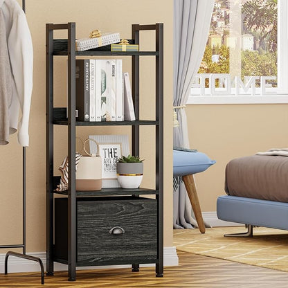 Furologee 4 Tier Bookshelf with Drawer, Small Narrow Bookcase, Wood and Metal Standing Shelf Unit, Industrial Display Storage Shelves Organizer for Bedroom, Living Room, Entryway, Black
