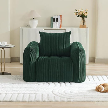 Oversized Boneless Corduroy Accent Chair, Comfy Deep Seat Armchair for Bedroom, Modern Upholstered Living Room Sofa Chair with Pillow, No Assembly, Green
