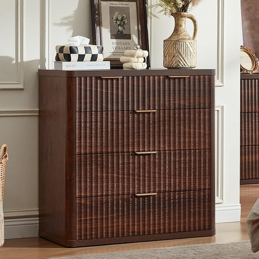LEYAOYAO Fluted 5 Drawers Dresser for Bedroom Set of 2, 34" Tall Modern Chest of Drawers with Metal Handle, Curved Profile Design,Wood Drawer Organizer for Bedroom, Living Room, Hallway,Walnut