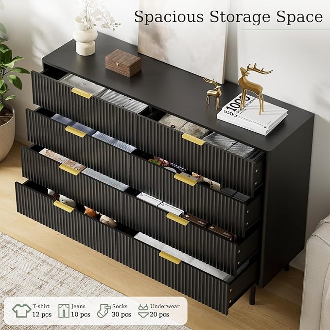 LYNSOM Fluted Dresser and Nightstand Sets 3 Piece, 9-Drawers Dresser and 1-Drawer Nightstands Set of 2, Wood Bedroom Furniture Set for Home, Bedroom, Hallway, Black