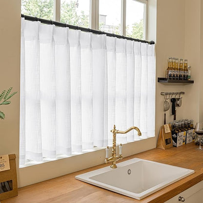 Pinch Pleated White 36 Inch Length Kitchen Curtains 2 Panels Set Linen Blend Semi Sheer Privacy Pinch Pleat Back Tab Light Filtering Curtains for Bathroom Window Small Window Drapes for Laundry