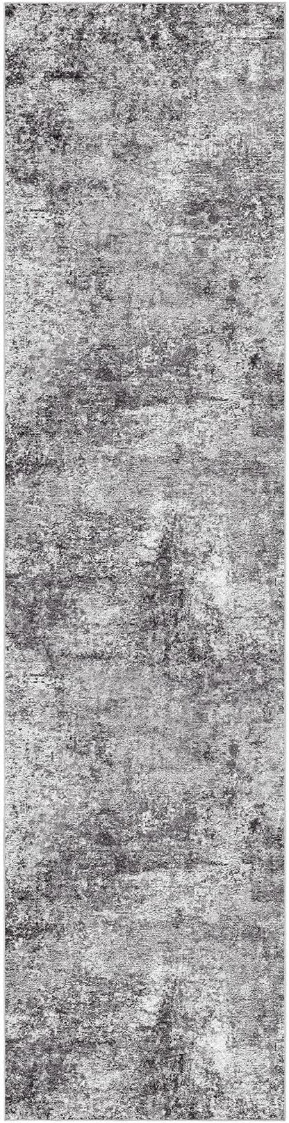 Washable Runner Rug for Hallway: 2.6x10 Neutral Modern Abstract Low Pile Area Rug with Non-Slip Backing - Carpet for Bedroom Kitchen Laundry Entryway Bathroom Indoor - Grey