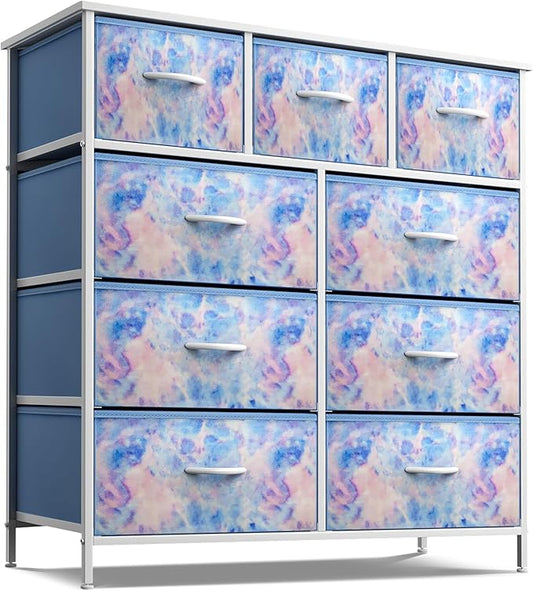 Sorbus Kids Dresser with 9 Drawers - Furniture Storage Chest Tower Unit for Bedroom, Hallway, Closet, Office Organization - Steel Frame, Wood Top, Tie-dye Fabric Bins (Pastel, Tie-dye)
