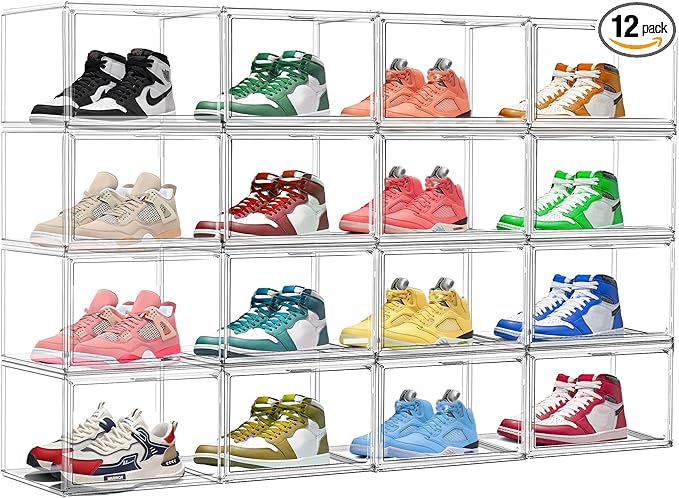 Size 12 Acrylic Shoe Boxes,12 Pack Shoe Display Cases Clear Plastic Stackable Shoe Container Hat Sneaker Storage Bins, Fit Up to US Men's/Women's Size 12 Shoes