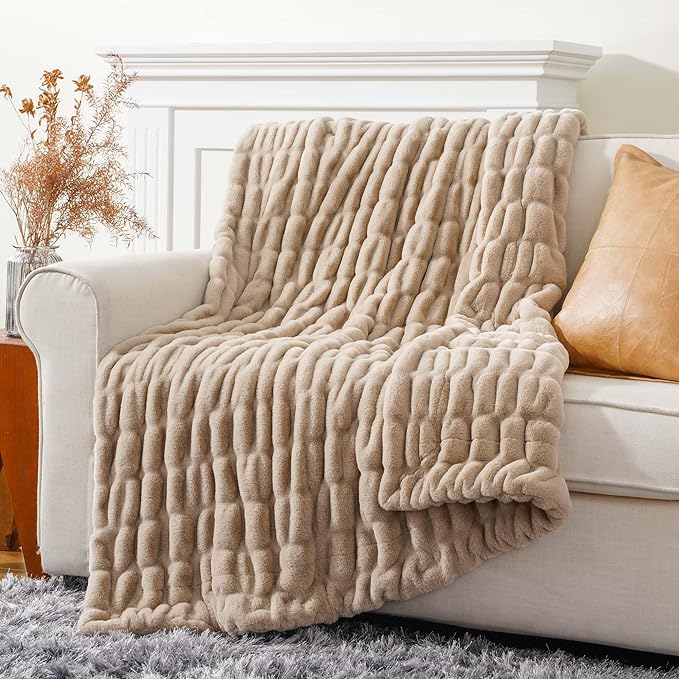 BATTILO HOME Luxury Faux Fur Throw Blanket for Couch, Cozy Plush Soft Blanket for Women, Double Side Ruched Rabbit Fur Blanket for Living Room, 50x60 Inches