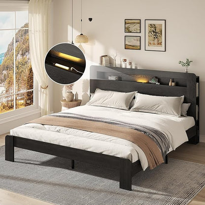 Wooden Bed Frame King Size with Storage Headboard - Farmhouse Platform Bed Frame with Bookcase Shelf & Led Lights, Sturdy Wood Slat Framework Bed Frame (Black LED)
