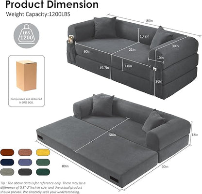 80” Convertible Sofa Bed, Cloud Boneless Couch Floor Sleeper Bed with Pillows, Corduroy Compression Sofa in Box, No Assembly Modular Lounge Couch for Living Room, Smog Gray