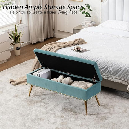 Velvet Storage Bench with Gold Legs& Nailhead Trim, 46" Wide Upholstered Modern Bedroom Bench for End of Bed, Tufted Ottoman for Entryway Living Room Dining Room (Sage Green, 46" Wide)