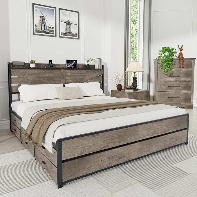 Queen Size Wooden Bed Frame with 12 Storage Drawers and Headboard, Farmhouse Platform Bed Frame with Charging Station, No Box Spring Needed, Stable and Solid, Noise Free. (Oak, Queen)