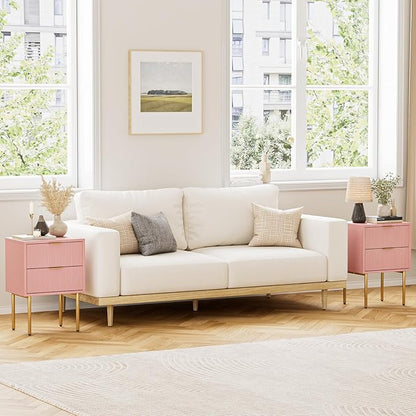 Masupu Night Stand,Mid-Century Modern Bedside Table with 2 Storage Drawer,Small Gold Frame Side End Table for Bedroom,Living Room, Pink