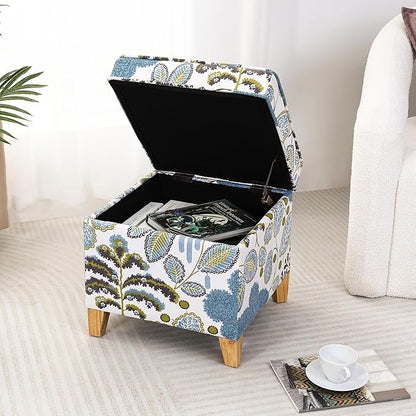 Adeco 18 Inch High Cube Ottoman Storage, Linen Chair Foot Stools, Upholstered Vanity Stool with Hinged Lid, Solid Wood Legs (Blue Leaves)
