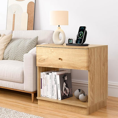 Narrow Nightstand Set of 2, Wooden Small 2 Drawer Nightstand, Slim Side End Table, Skinny Bedside Table, Mid Century Modern Night Stand with Drawers, for Living Room (Natural-Charging Station-1 pc)