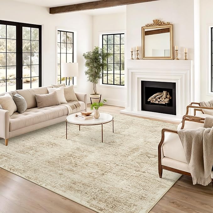 Washable Area Rug 8x10, Large Soft Rugs for Living Room Vintage 8x10 Area Rugs for Bedroom Dining Room Floral Non-Slip Thin Brown