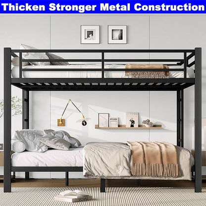 Upgraded Version Thickened Metal Heavy-Duty Queen Over Queen Bunk Bed, Best Modern Style Stronger Queen Size Bunk Bed Frame with Ladder for Adults, Easy Assembly (Queen Over Queen)