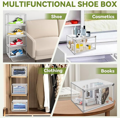 8 Pack Shoe Storage Organizer for Closet, Size 12.5 Sneaker Display Case Clear Stackable Plastic Shoe Boxes with Magnetic Acrylic Door, Fit up to US Size 12.5