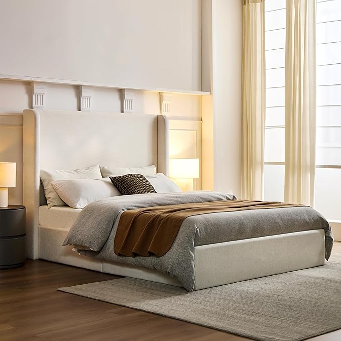KEIKI King Bed Frame with Upholstered Wingback Headboard, Minimalist Design, No Box Spring Needed – Textured Chenille Upholstery, Ivory