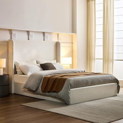 Upholstered Bed Frame King Size, 52.3" High Headboard Platform Beds Caron Tall Wingback Bed Frames, Box Spring Request/No Noise/Simplicity Minimalist, Textured Ivory Canvas Chenille
