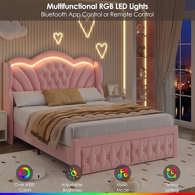 Keyluv Full Bed Frame with LED Lights and 2 Storage Drawers, Velvet Upholstered Platform with 47" Tall Arc-Shaped Wingback Headboard and Button Tufted Design, No Box Spring Needed, Noise-Free, Pink