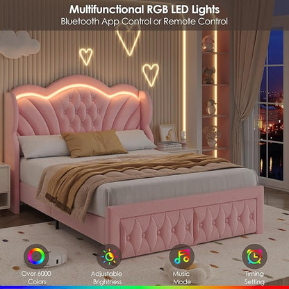 Keyluv Full Bed Frame with LED Lights and 2 Storage Drawers, Velvet Upholstered Platform with 47" Tall Arc-Shaped Wingback Headboard and Button Tufted Design, No Box Spring Needed, Noise-Free, Pink