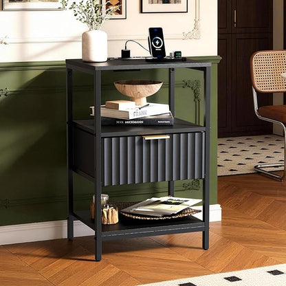 VINGLI Nightstand with Charging Station, Fluted Night Stand with Fabric Drawer, Bedside Table/Small Night Stand with Charger Station for Bedroom, Dorm, 14.96" W*11.81" D*23.7" H