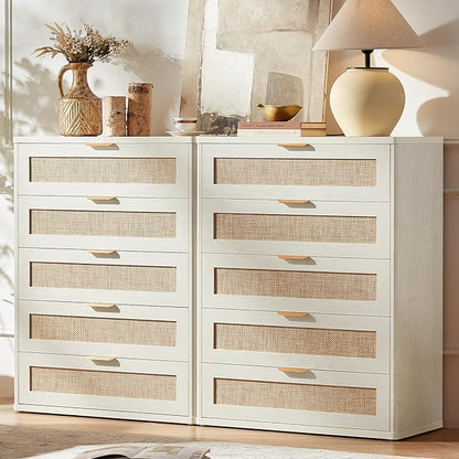 LEYAOYAO Rattan Dresser for Bedroom 41" Tall Chest of Drawers, Modern 5 Drawers Boho Dressers with Storage, Light Oak Dresser Wooden Closet Organizer for Living Room, Hallway, Grey White