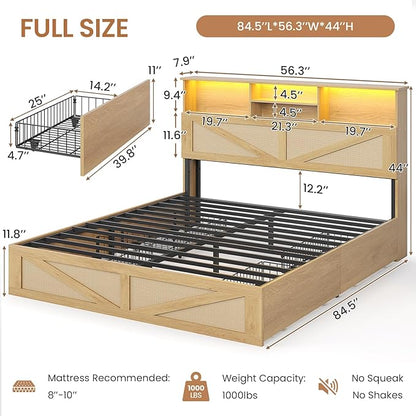 VIAGDO Rattan Bed Frame Full Size with Bookcase Storage Headboard, Charging Station and LED Lights, Wooden Full Bed Frame with 4 Drawers, Barn Door Design, No Box Spring Needed, No Noise, Natural
