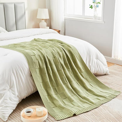 CozeCube Check Knit Throw Blanket, Sage Green Checkered Throw for Couch, Decorative Christmas Soft Cozy Warm Knitted Blanket for Bed Sofa Living Room, 50"X60"