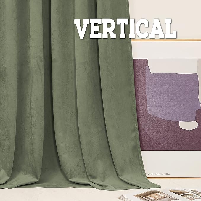 RYB HOME Sage Velvet Curtains 102 inches, Back Tab Soft Fabric Room Darkening Thermal Insulated Luxurious Home Decor Curtains for Living Room Bedroom, W 52" x L 102", 2 Panels Set