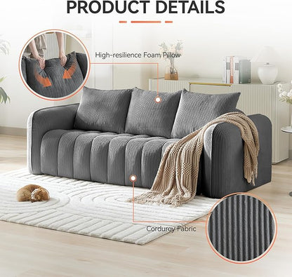 Corduroy Boneless Living Room Sets, Modern Upholstered 3 Seater Sofa with 2 Signle Accent Chairs, Comfy Deep Seat Cloud Sofa Couch Sets for Living Room, Grey