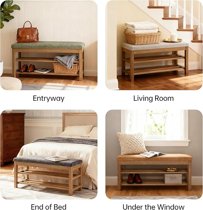 VKNOW Entryway Bench, 44.3” Upholstered Shoe Bench for Bedroom, 2-Tier Storage End of Bed Bench with Rubberwood Legs for Living Room, Hallway, Beige