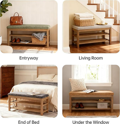 VKNOW Entryway Bench, 44.3” Upholstered Shoe Bench for Bedroom, 2-Tier Storage End of Bed Bench with Rubberwood Legs for Living Room, Hallway, Orange