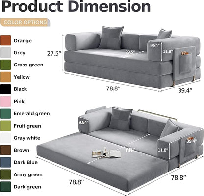 78.8" Convertible Futon Sofa Bed,Corduroy Futon Couch with Storage Pocket,Folding Pull Out Sofa,No Assembly Boneless Couch for Living Room,Grey
